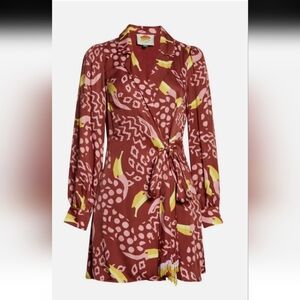 EUC FARM RIO TOUCANISSIMO LONG SLEEVE PRINT WRAP DRESS BURGUNDY SZ MEDIUM